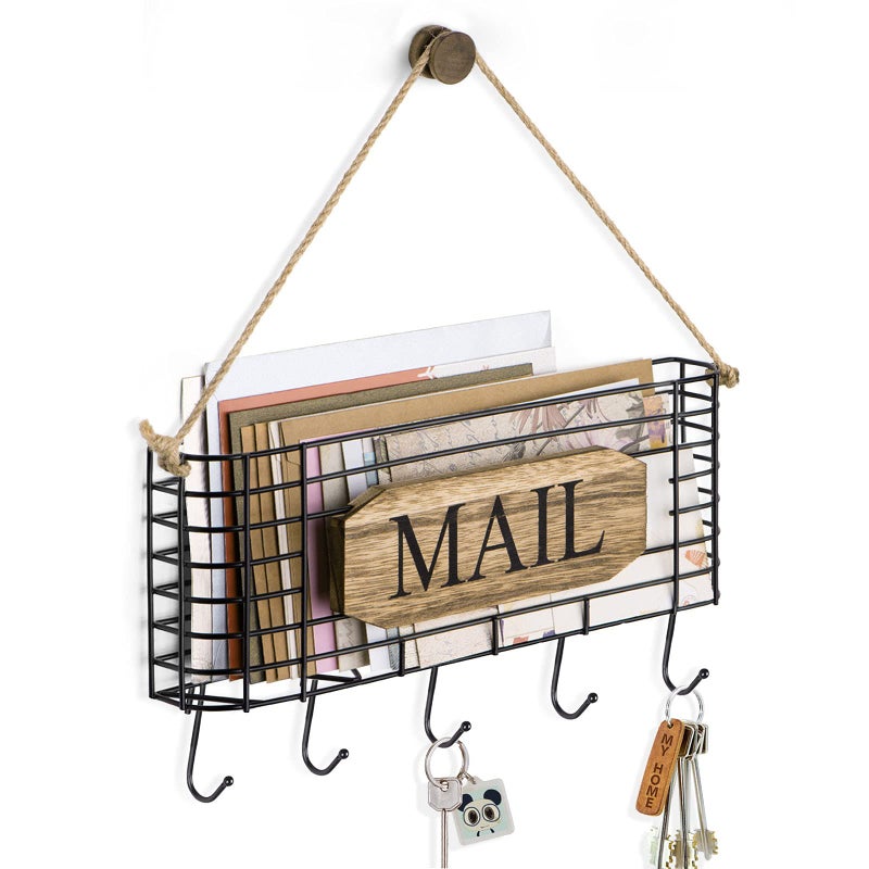 SRIWATANA Mail Holder, Rustic Mail Organizer Wall Mount Hanging Mail Sorter Letter Basket with 5 Key Holder for Wall, Large, Carbonized Black - Image 1